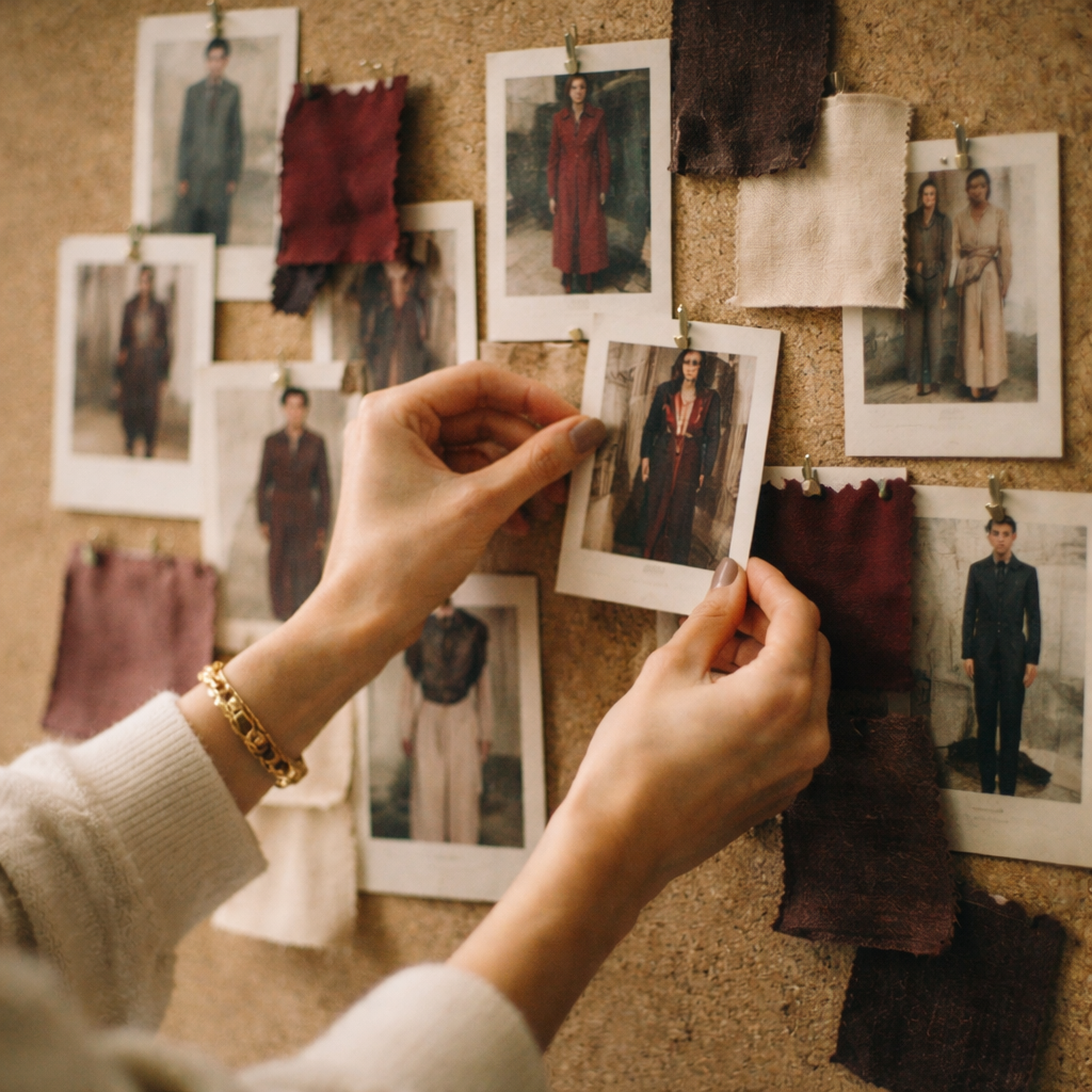 Мудборд с образцами тканей и полароидами